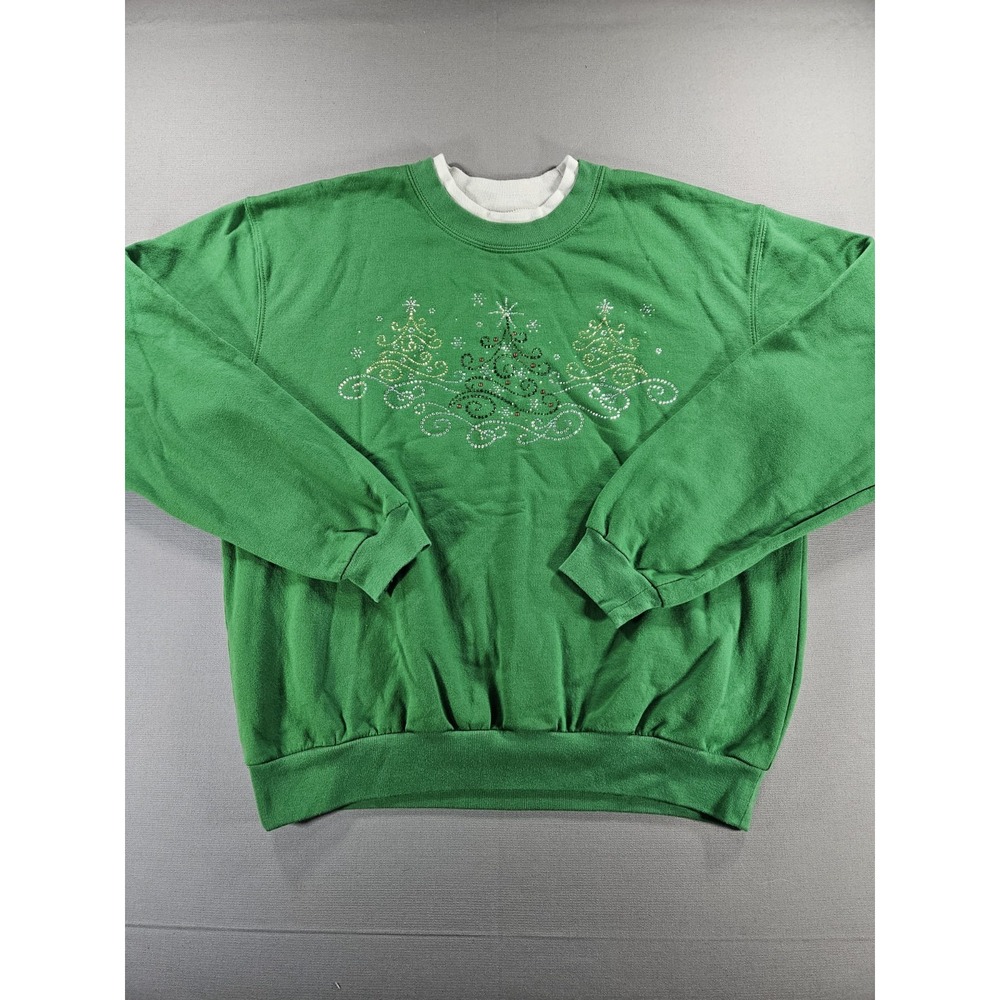 Decorated Originals Christmas Tree Double Collar Sweatshirt Green Rhinestone L